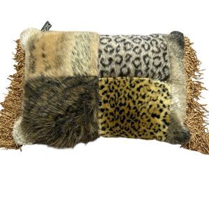 Borgata Patchwork Animal Faux Fur Throw Pillow Tan Brown Gold Tassel Fringe